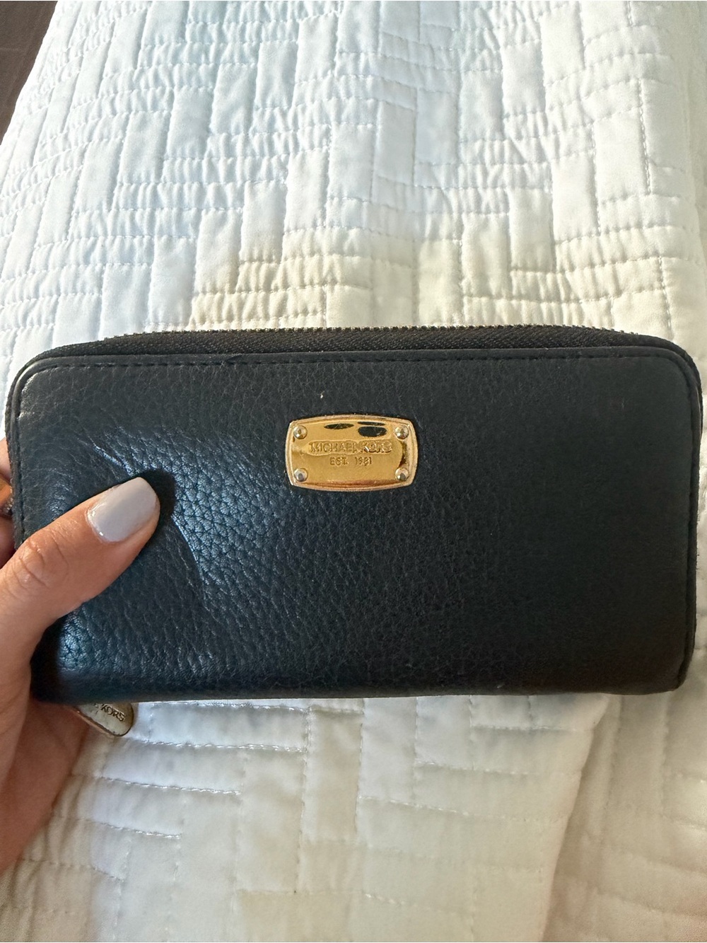 Michael Kors Black Pebbled Leather Zip Wallet with Gold Plate